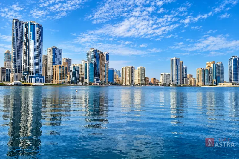 Khalid Lagoon skyline with waterfront high-rise buildings in Sharjah