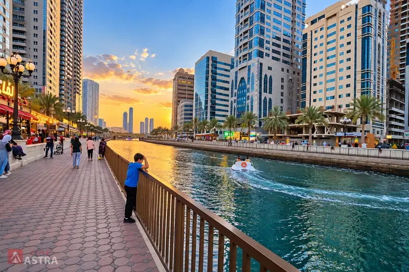 Khalid Lagoon waterfront promenade near Ameer Bu Khamseen Tower, Sharjah
