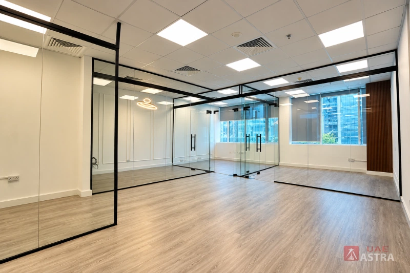 Modern fitted office interior with glass partitions at Capital Golden Tower, Dubai
