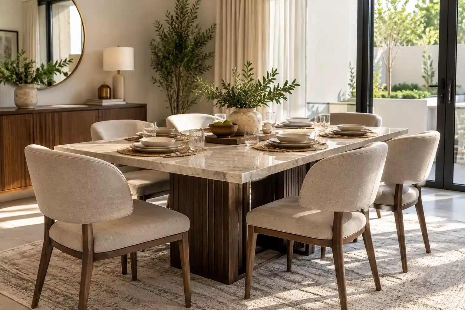 Modern marble dining table with beige chairs in a contemporary home
