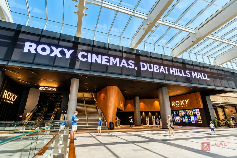 Roxy Cinemas entrance inside Dubai Hills Mall with movie displays and auditorium access