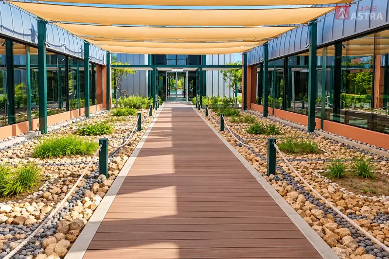 Shaded walkway at Sharjah Desert Park with landscaped rock gardens