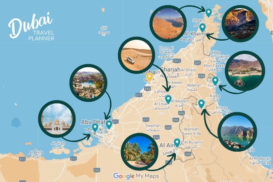 UAE day trips from Dubai map with major attractions