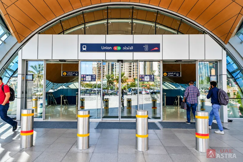 Union Metro Station Dubai entrance with Red and Green Line station signage