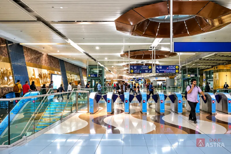 Union Metro Station Dubai interior with ticket gates and passenger platforms
