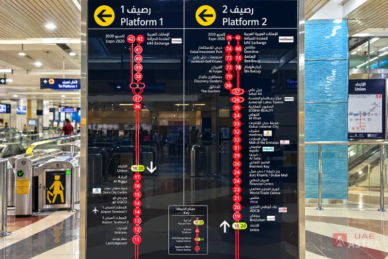 Union Metro Station Dubai platform guide showing Red Line routes and station names