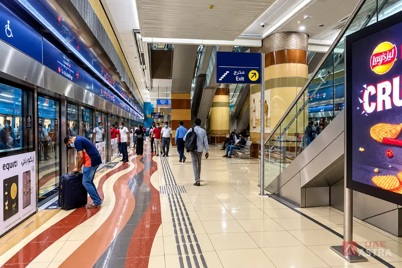 Union Metro Station Dubai platform with train doors and passenger walkway