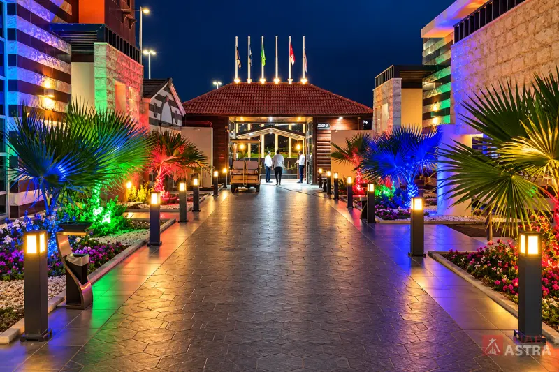 Villaggio Hotel Abu Dhabi illuminated entrance at night